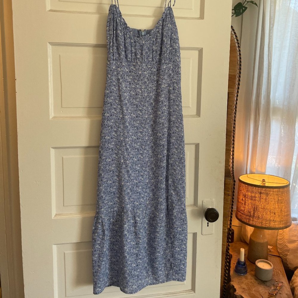 Blue Floral Maxi Dress With Slit Leg